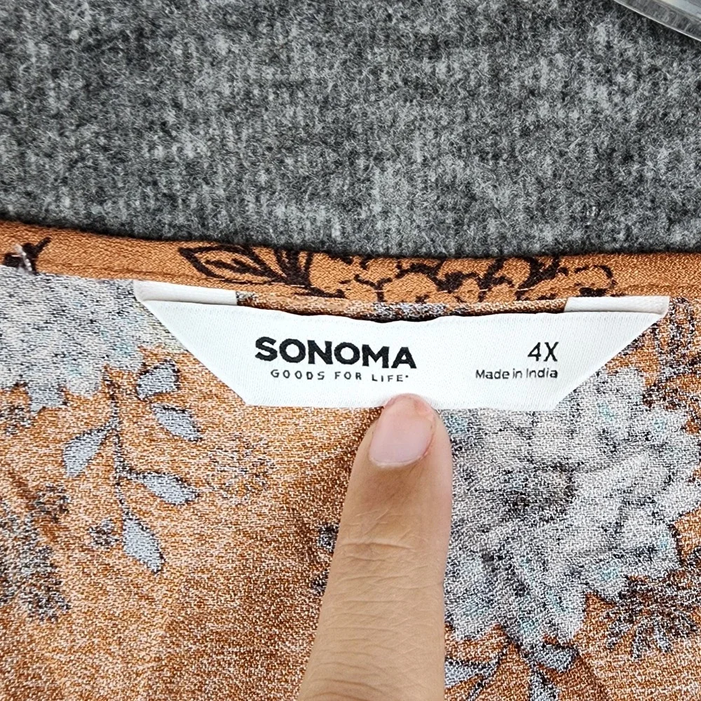 Sonoma Floral Blouse Women 4X Rust Orange Boho Ruffle V-Neck Long Sleeve NWT